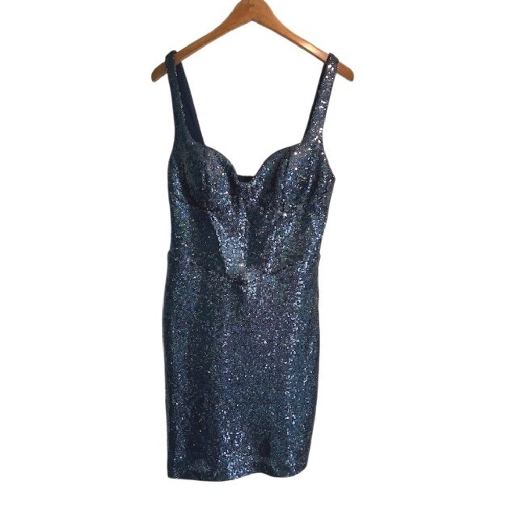Navy Blue Fitted Stretchy Sequin Mini Dress Sparkle Size Large